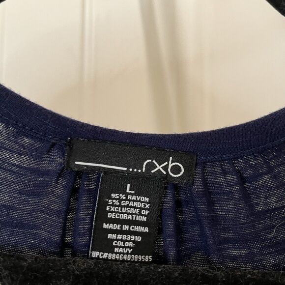 RXB Embroidered Peasant Top Womens Size L Boho Blouse Navy Blue Rayon Knit Soft - Picture 3 of 8